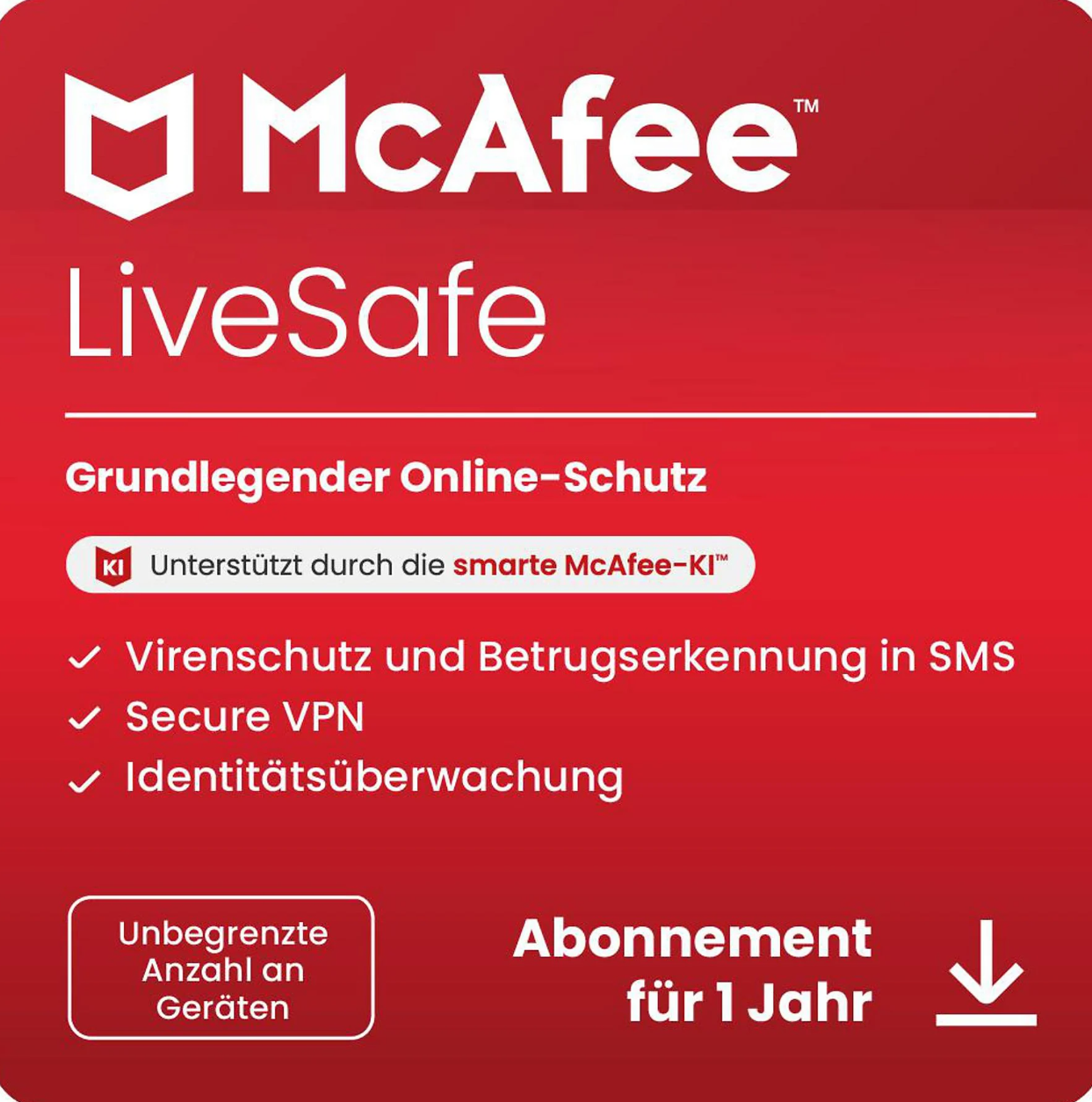 McAfee LiveSafe 2026 | Unbegrenzte Geräte – 1 Jahr Laufzeit | Premium Virenschutz, VPN & Identitätsschutz