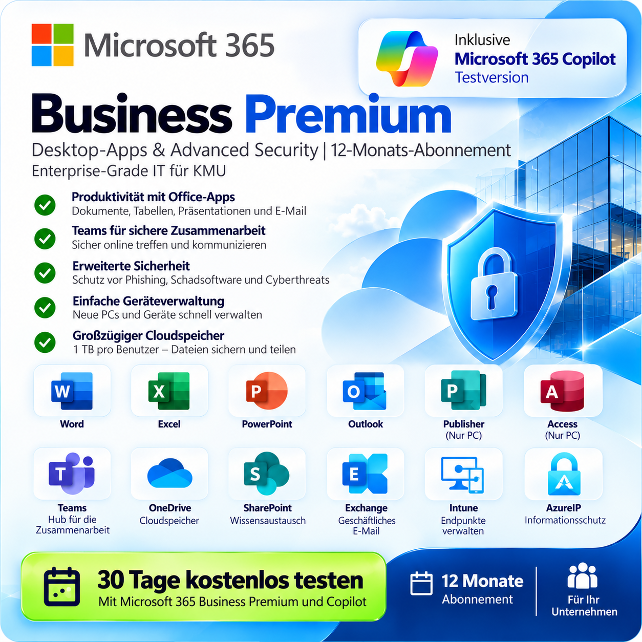 Microsoft 365 Business Premium + Copilot | Office-Apps, KI & Advanced Security für KMU | 12 Monate Enterprise-Grade IT für KMU