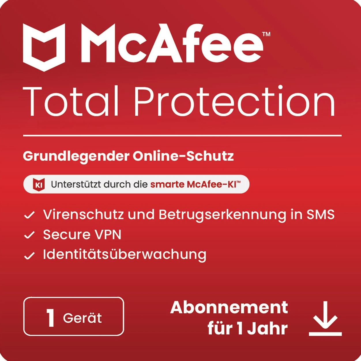 McAfee Total Protection 2025 – 1 Geräte | 1 Jahr Laufzeit – Rundumschutz inkl. VPN